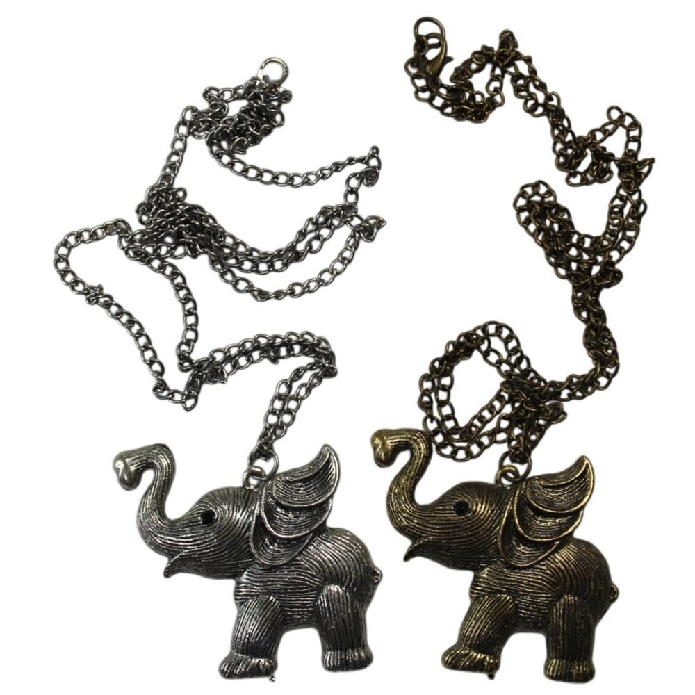 Lot of 2 Vintage Elephant Pendant Necklaces Silver & Bronze Tone Long Chain